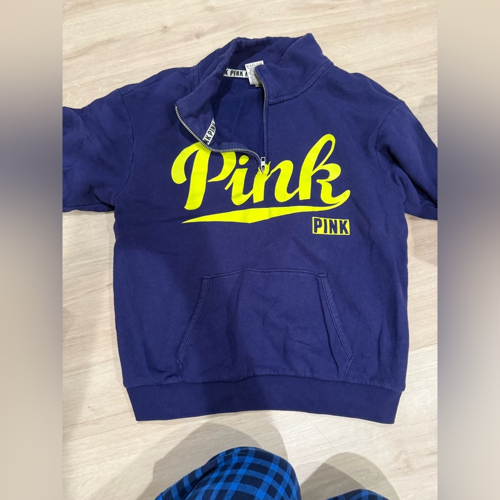 PINK Victoria's Secret Navy and Neon Yellow Half-Zip Sweatshirt